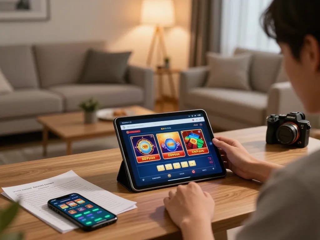 Pemain merencanakan strategi di 88Pulsa menggunakan tablet di pengaturan permainan rumah yang nyaman.