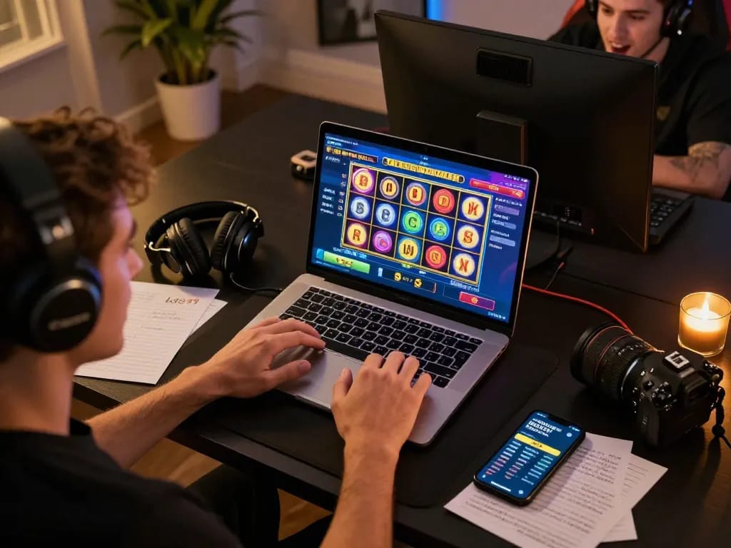 Player engaging with LGO99 online slots from a cozy home setup, showcasing excitement and strategy.