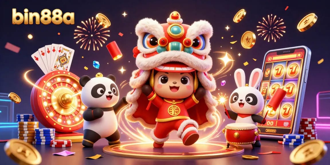Win big with bin88a while celebrating with a lively lion dance and colorful casino elements!