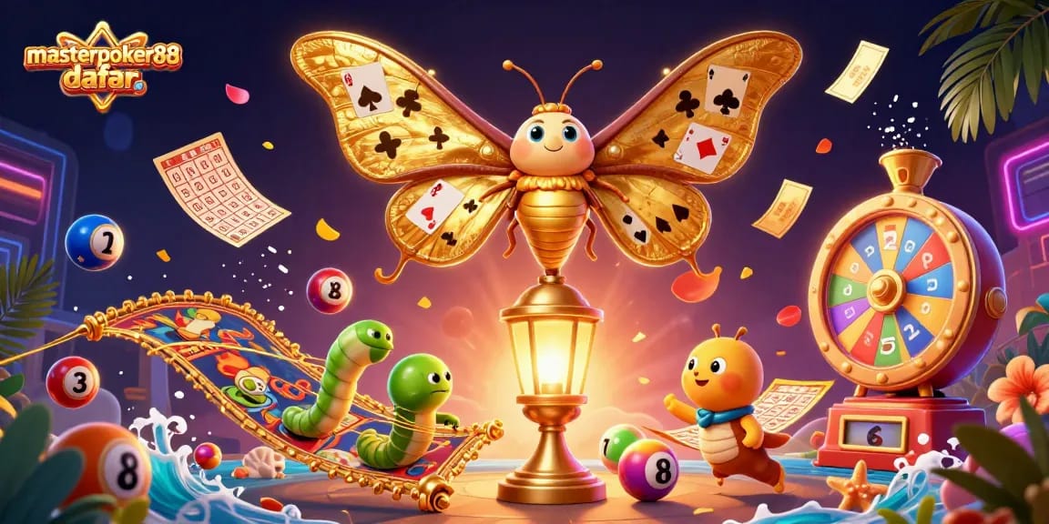 Masterpoker88 daftar menampilkan ilustrasi kasino dengan kupu-kupu 3D dan bola lotere berwarna-warni