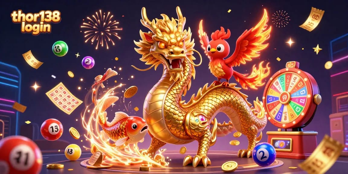 Masuk gerbang thor138 login dengan naga emas dan phoenix berapi saat meraih kemenangan dalam permainan slot.