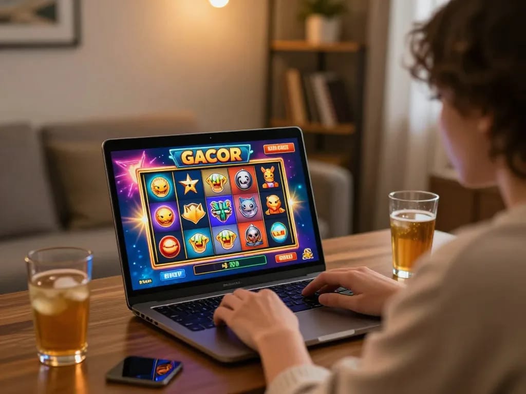 Player enjoying an exciting session on a slot gacor game at home, showcasing vibrant graphics on laptop.