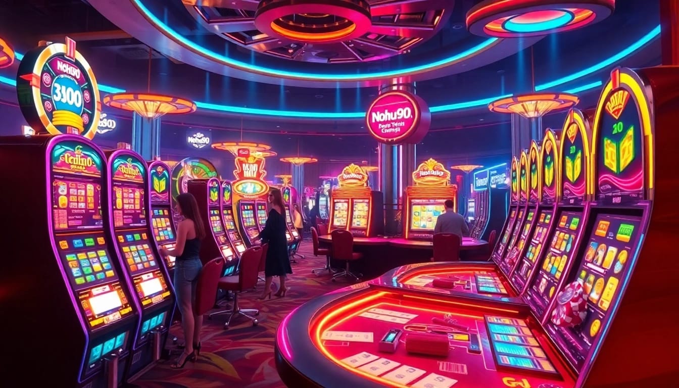 Nohu90 players enjoying a vibrant online casino experience with slot machines and poker chips.
