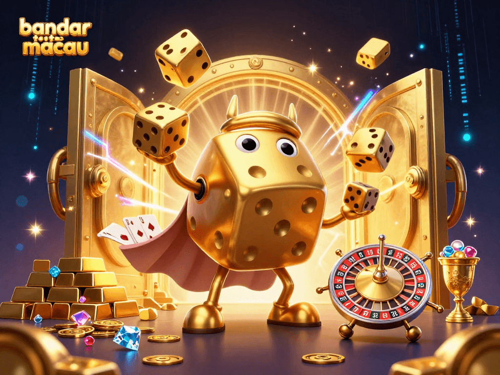 Bandar toto macau menampilkan golem dadu emas raksasa dengan barang permainan kasino.