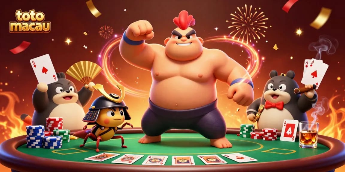Toto Macau champions battle at a dynamic poker table showcasing strategic play and vibrant colors.