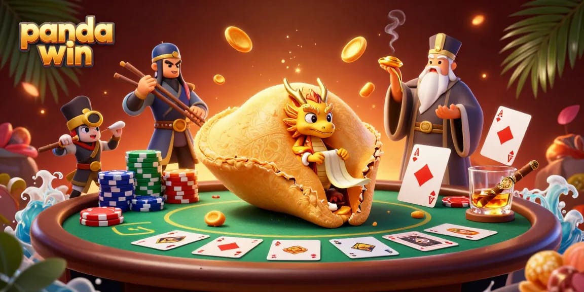 Panda win showcases a lively 3D scene with poker elements and a wise dragon among fortune characters.
