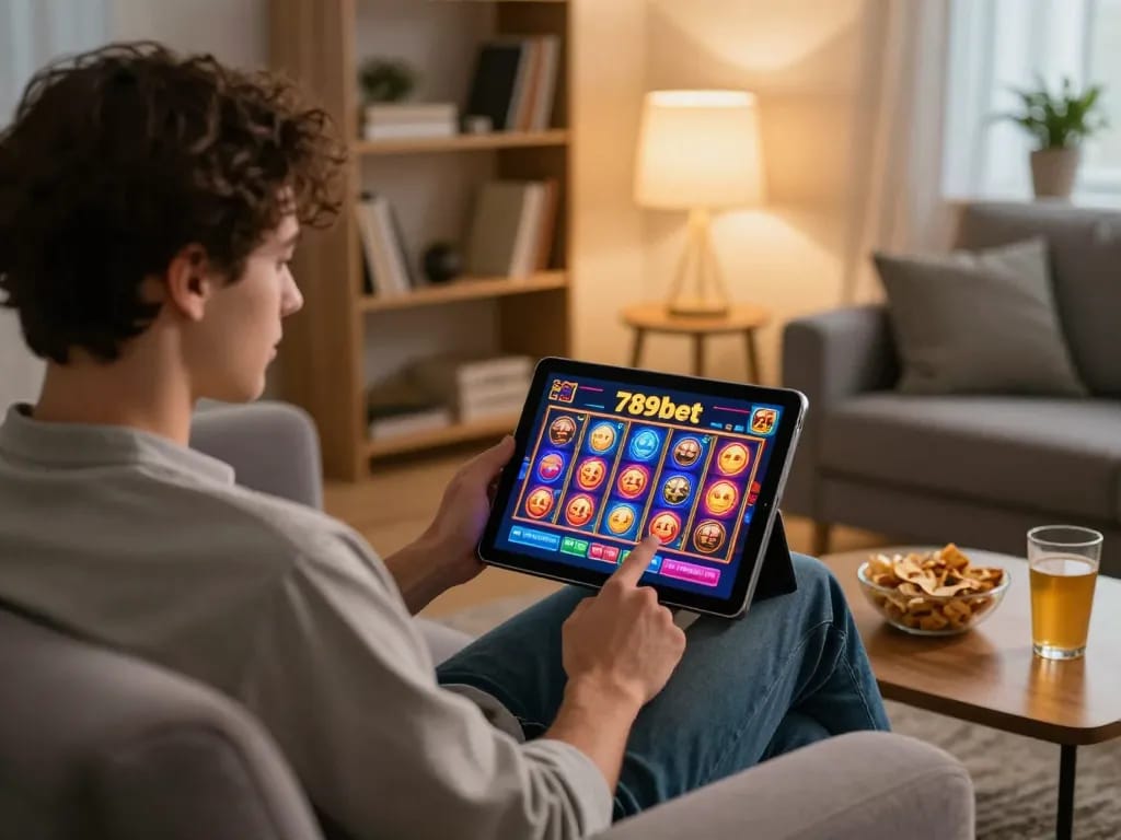 Engaging online gaming session with 789bet on a tablet, capturing excitement and strategy in a cozy setting.