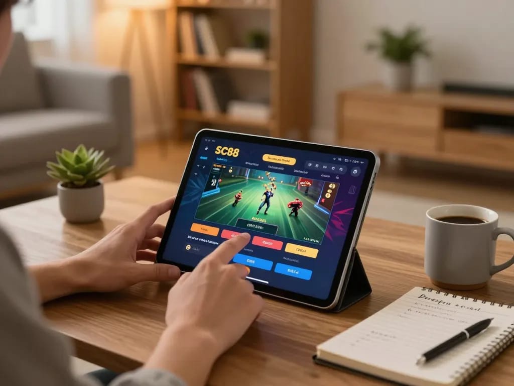 Player enjoying SC88 online gambling app on tablet in cozy home setting with betting notes.