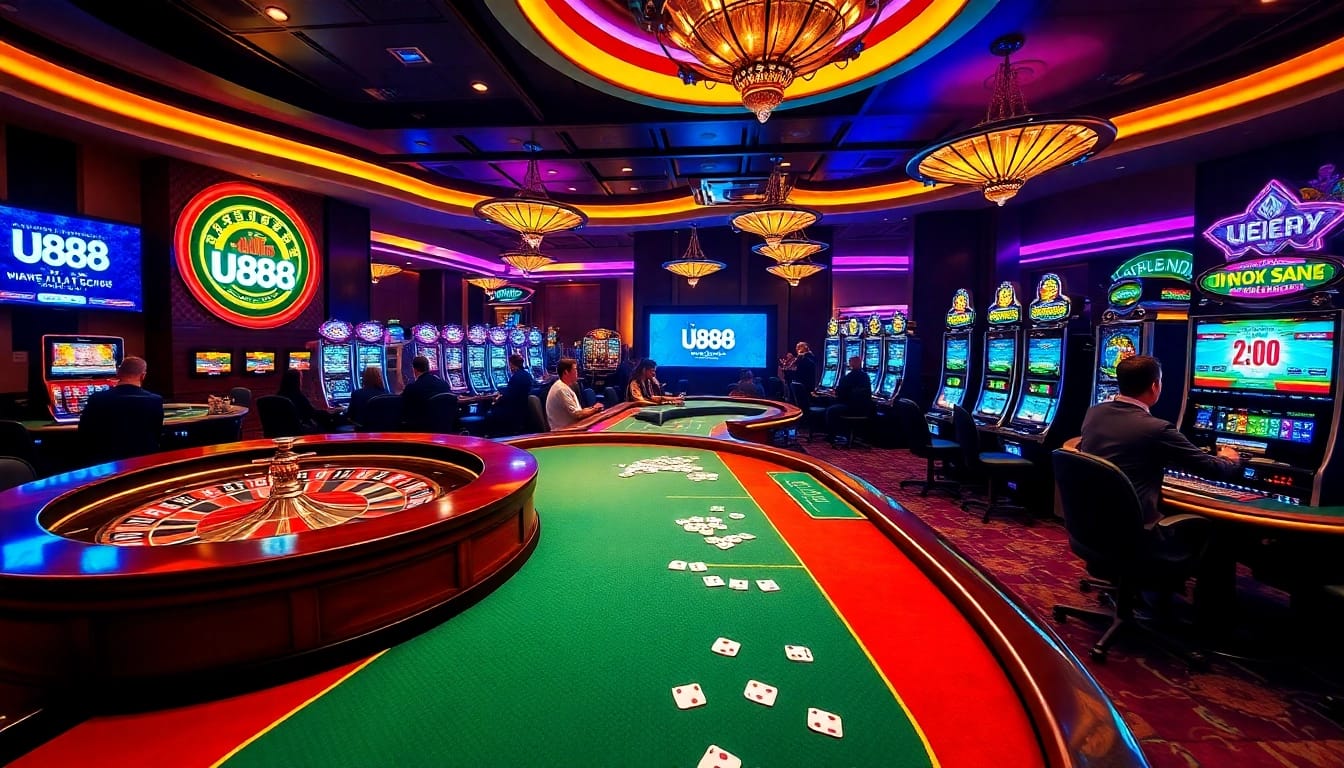 Players enjoying thrilling games at U888 online casino with vibrant roulette and slot visuals.