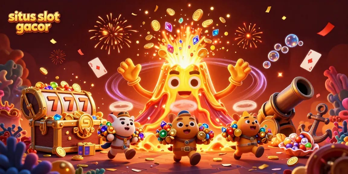 Mengalami keseruan di situs slot gacor dengan 3D kartun volcano emas meletus, dikelilingi oleh simbol slot dan hadiah menakjubkan.