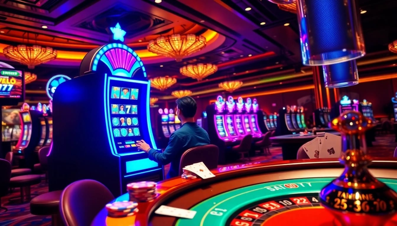 Excited player enjoying slot777 login experience at a vibrant casino.