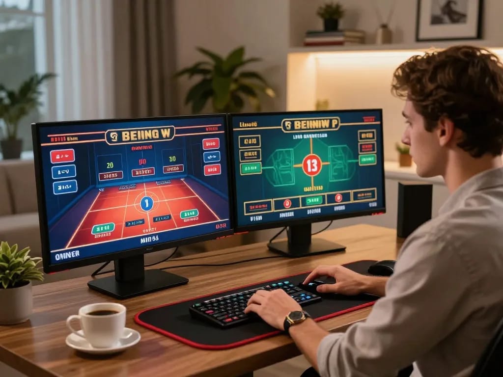 Player engaging with SC88 online gaming on dual screens, showcasing a sophisticated home casino setup.