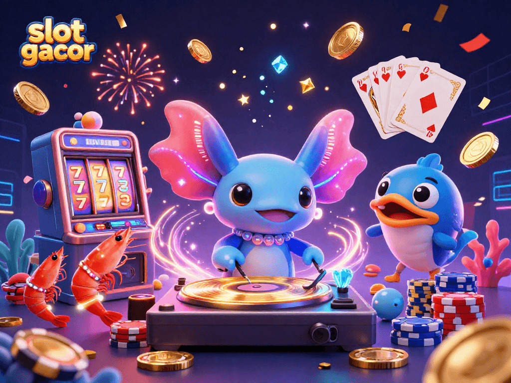 Visualisasi slot gacor yang menarik dengan DJ neon dan karakter permainan laut.