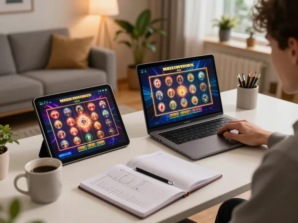 Engaging in slot thailand gameplay via laptop at home, showcasing colorful graphics and comfortable ambiance.