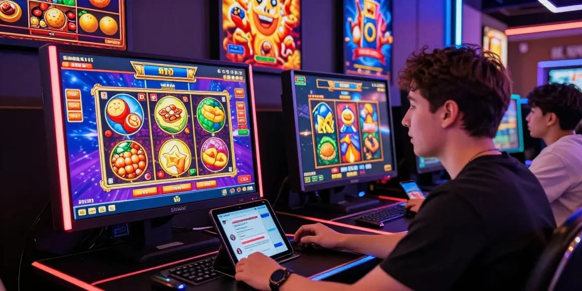 Engaged player enjoying an online slot game at a colorful digital casino interface.