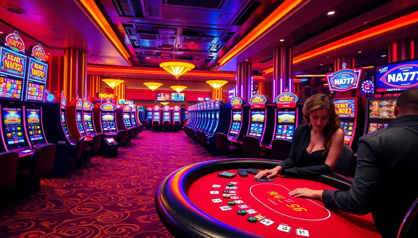 Players enjoying the Na777 slot game at a luxurious casino environment with vibrant machines.