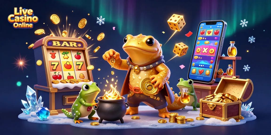 Experience the excitement of Live Casino Online with an animated scene depicting magical alchemy and vibrant gaming elements.