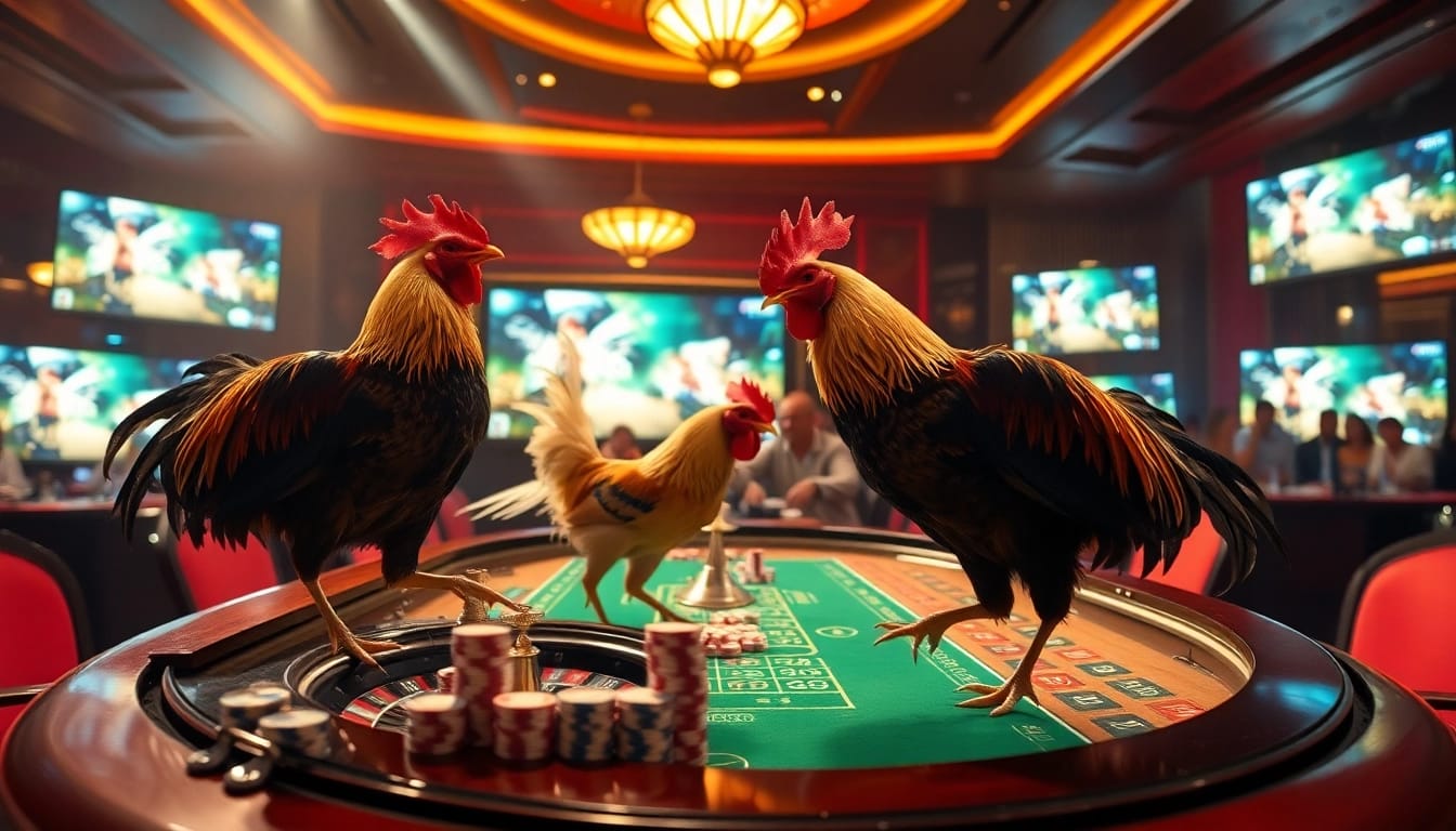 Watch a đá gà trực tiếp event with vibrant betting action in an upscale casino.