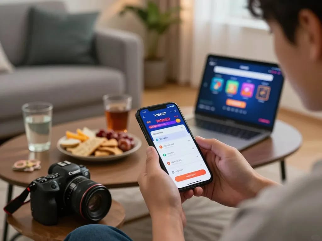 Engaging player using YoWeSJP app on smartphone for online togel betting in cozy environment