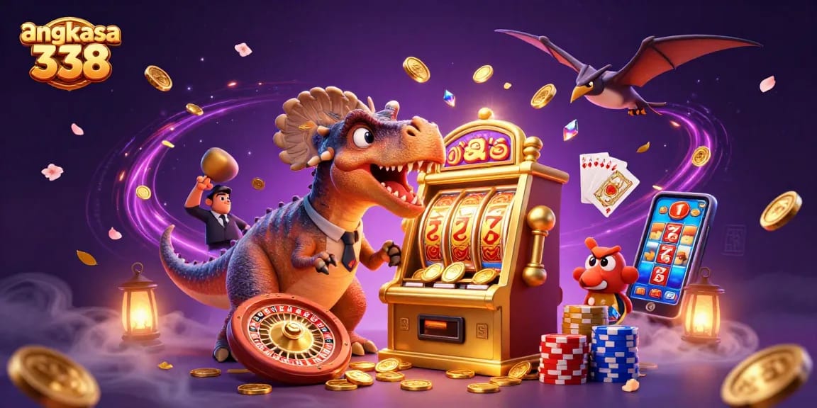 Enjoy winnings at angkasa 338 while a dinosaur heads for jackpots and coins fly around!