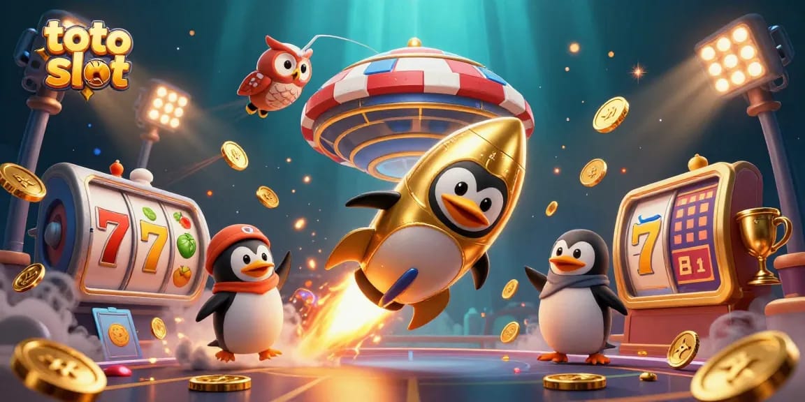 Tampilkan simbol slot, penguin emas, dan elemen kasino saat memainkan toto slot.