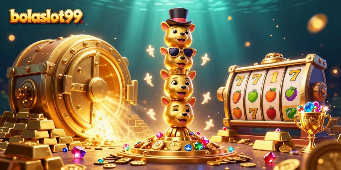 Bolaslot99 showcases an enchanting casino scene with a vibrant totem pole and treasure vault.