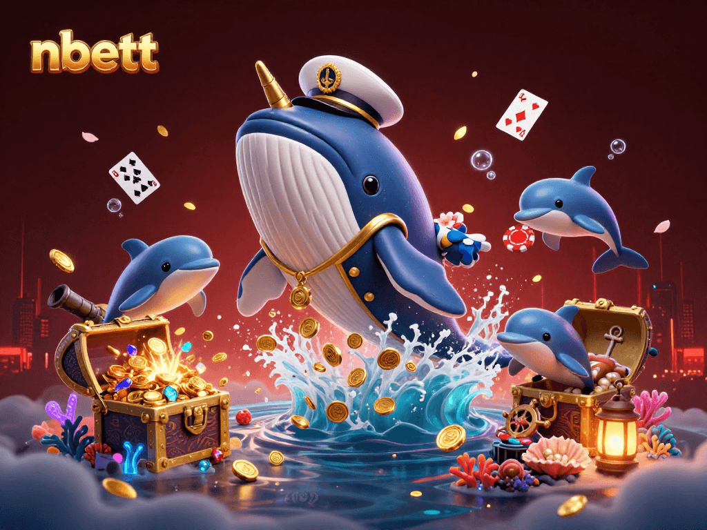Engage with nbett's thrilling underwater casino experience featuring a whimsical whale and playful dolphins.