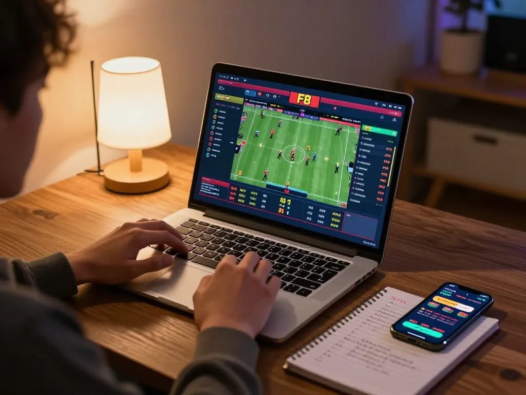 Engaged in F8 bet gameplay, a player analyzes sports betting odds on a laptop in a cozy home setting.