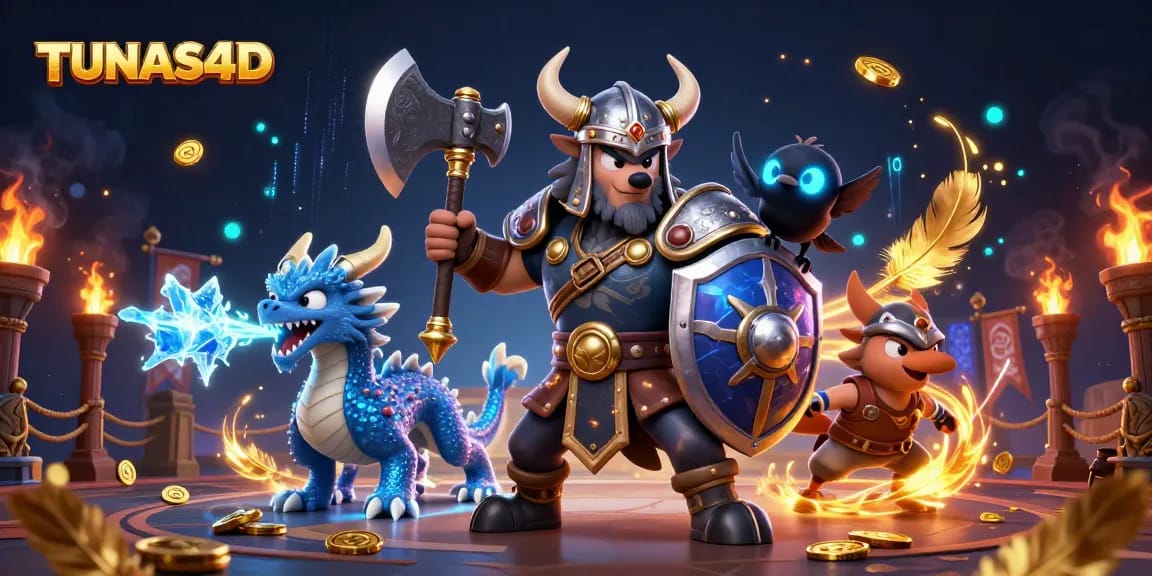 TUNAS4D engages players with a vibrant, action-packed scene featuring a wolf warrior, dragon, and rewards.
