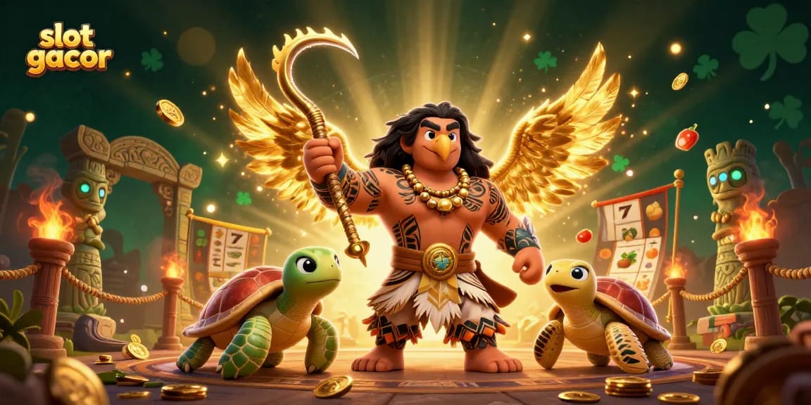 Catching big wins with slot gacor gaming, featuring playful characters and dynamic casino elements.