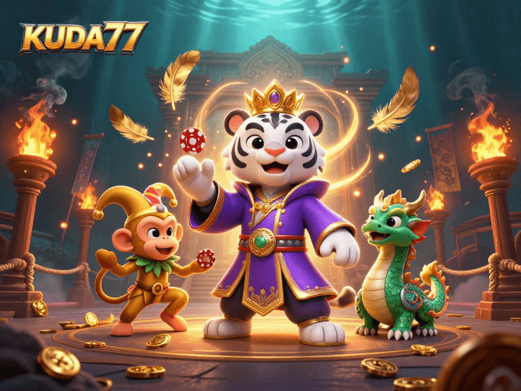 Mainkan KUDA77 sambil menikmati ilustrasi kasino dengan naga giok dan harimau, meriah dan penuh warna.