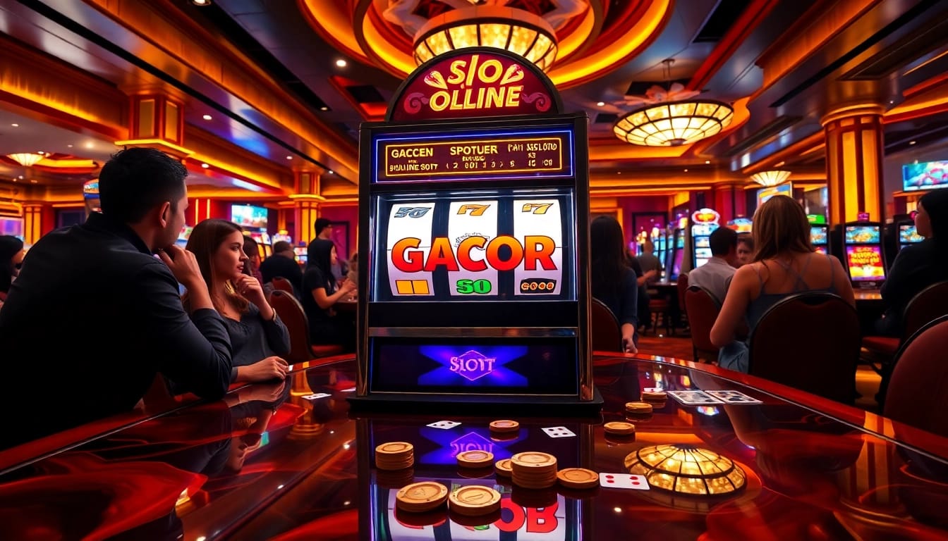 Play and win on the slot online gacor, featuring vibrant casino lights and buzzing excitement.