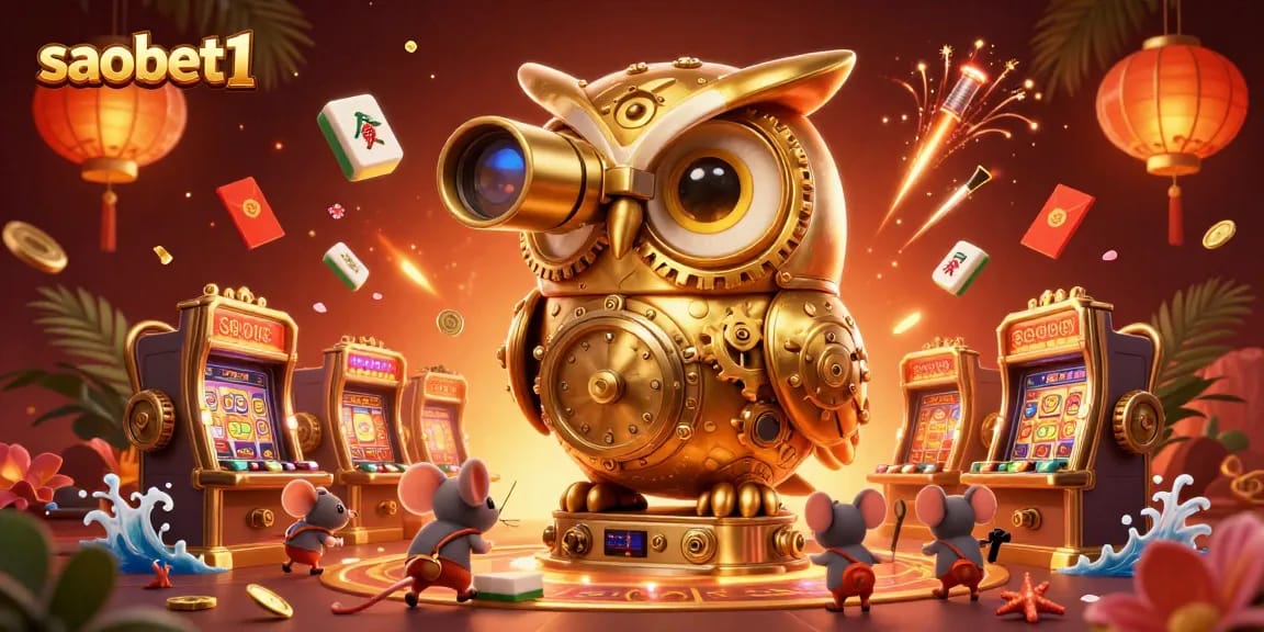 Engage with saobet1's vibrant casino world as the clockwork owl oversees a lively gaming floor.