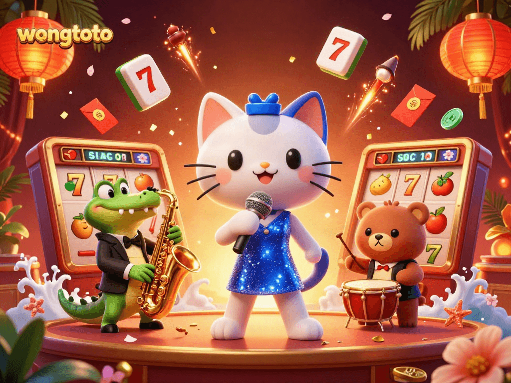 Experience wongtoto's vibrant casino world with a jazz-singer cat and lively characters.