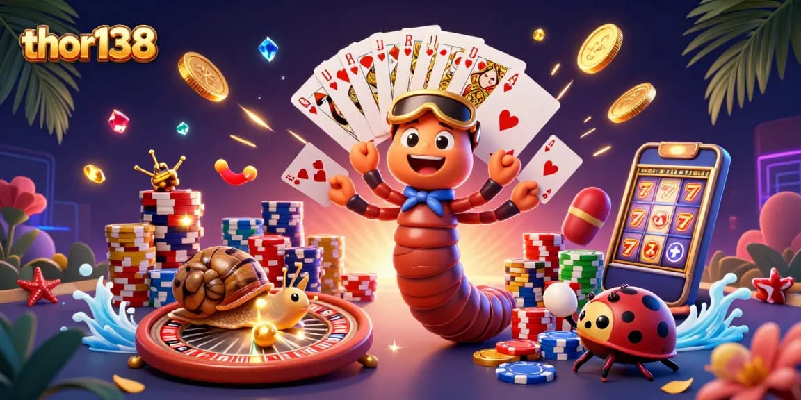 Menangkan permainan di thor138 dengan dealer kartun unik dan chip besar di antara koin emas bersinar.