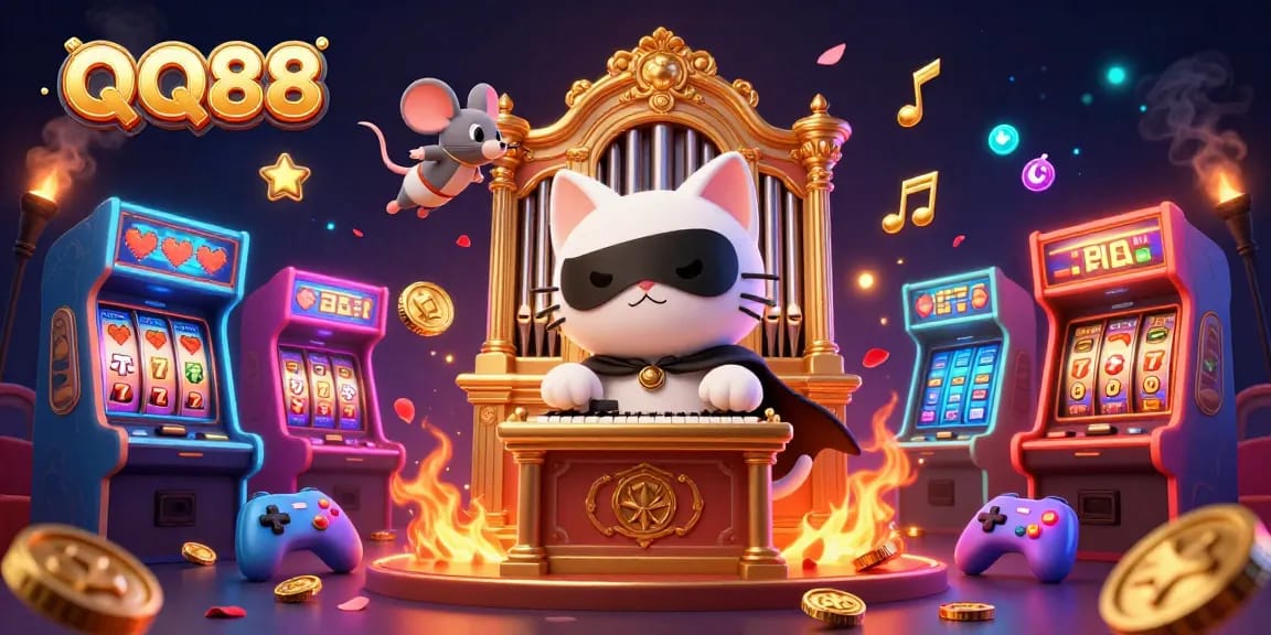 Engage in thrilling gameplay at QQ88, featuring lively casino characters and slot machines.