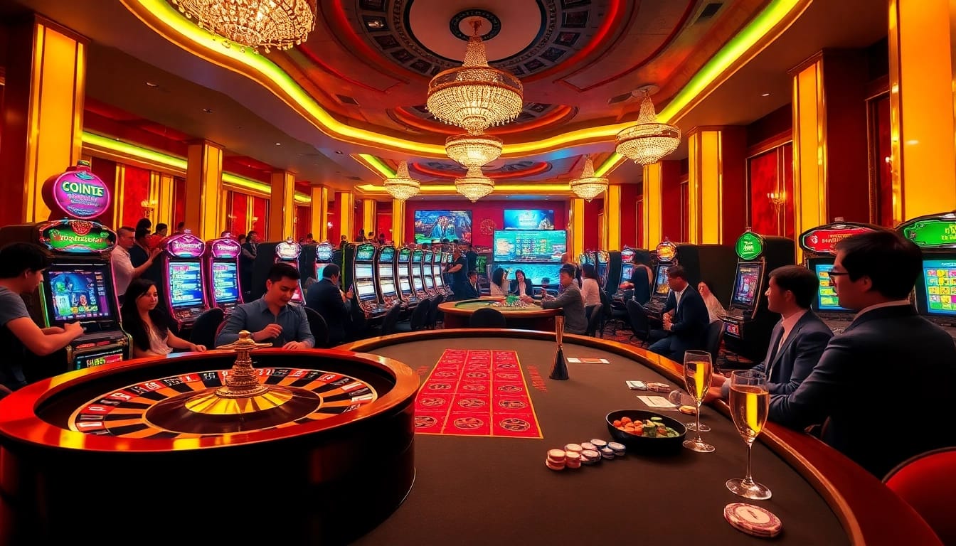 The thrill of https://go8.live/ captured in a luxurious casino scene with players at roulette and poker tables.