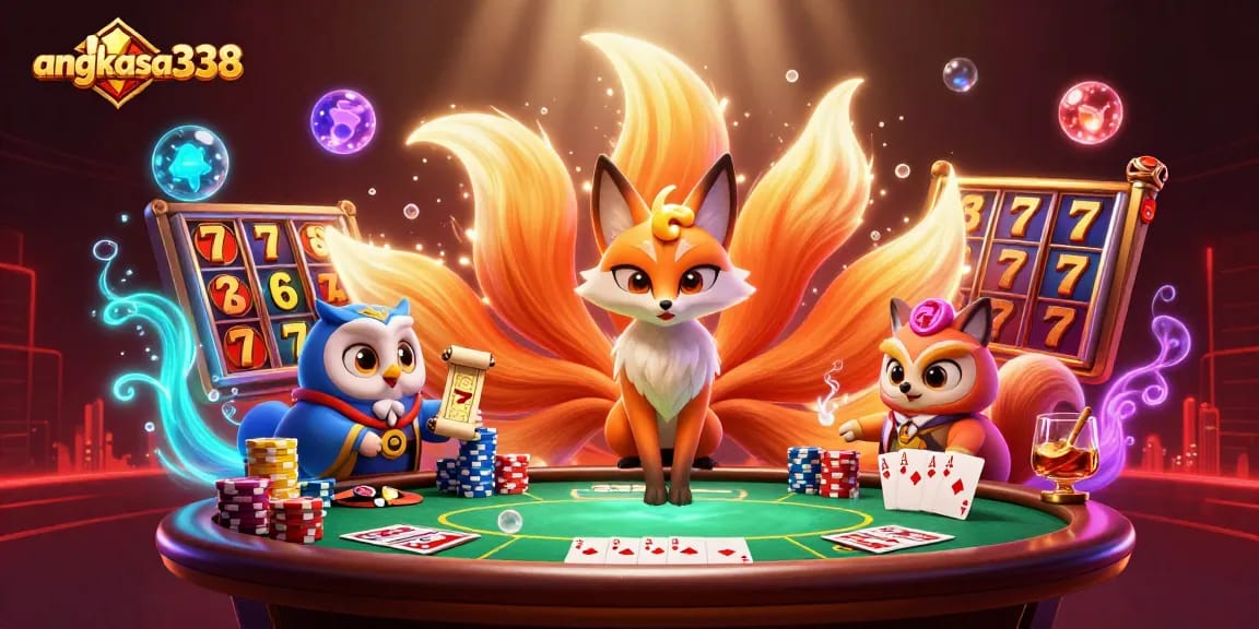Menang besar dengan bermain slot di angkasa338, melihat karakter magis dan elemen kasino di dalam ilustrasi.