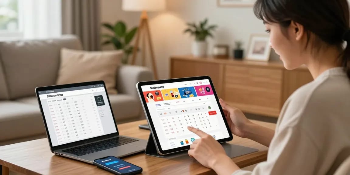 Pengguna rajatogel menjelajahi platform togel online di tablet, lingkungan nyaman dengan cahaya lembut.
