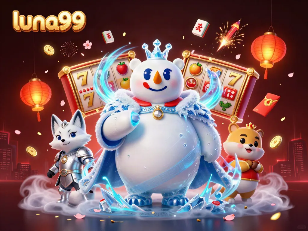 Ilustrasi animasi 3D menggambarkan permainan menarik di luna99 dengan karakter beruang kutub dan rubah salju.