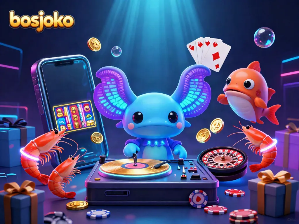 Experience the vibrant world of bosjoko with a neon axolotl DJ and exciting slot game elements.