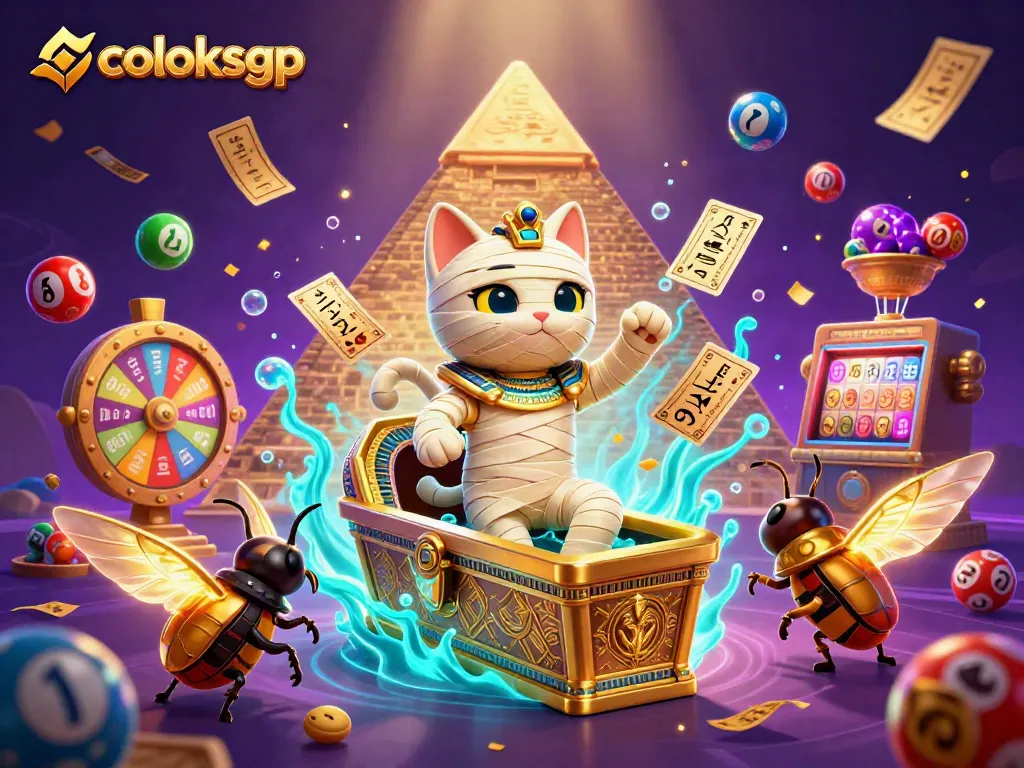 Menangkan jackpot coloksgp dengan 3D kartun mummy kucing tampil di kasino piramida.