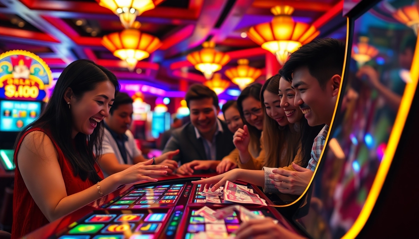 Menggandeng slot mahjong di kasino yang ramai dengan pemain bersemangat.