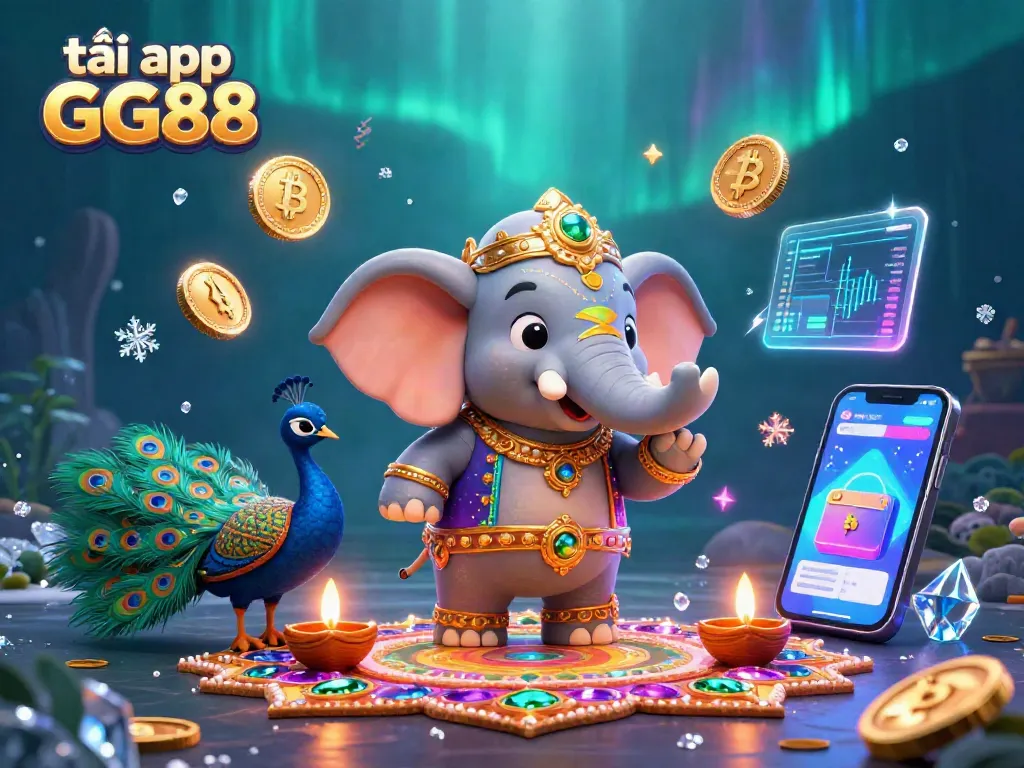 Tải app GG88 for exciting casino games in a vibrant 3D illustration with crypto elements.