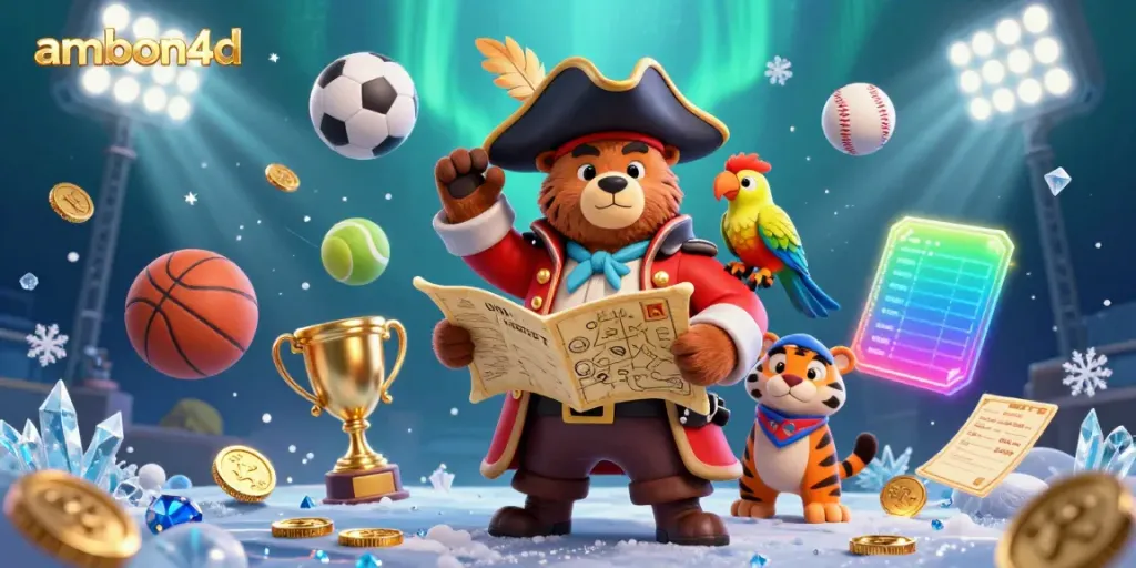 Engage with ambon4d in this vibrant, cartoon-style scene featuring a pirate bear, tiger first mate, and gold coins amidst dynamic gambling elements.