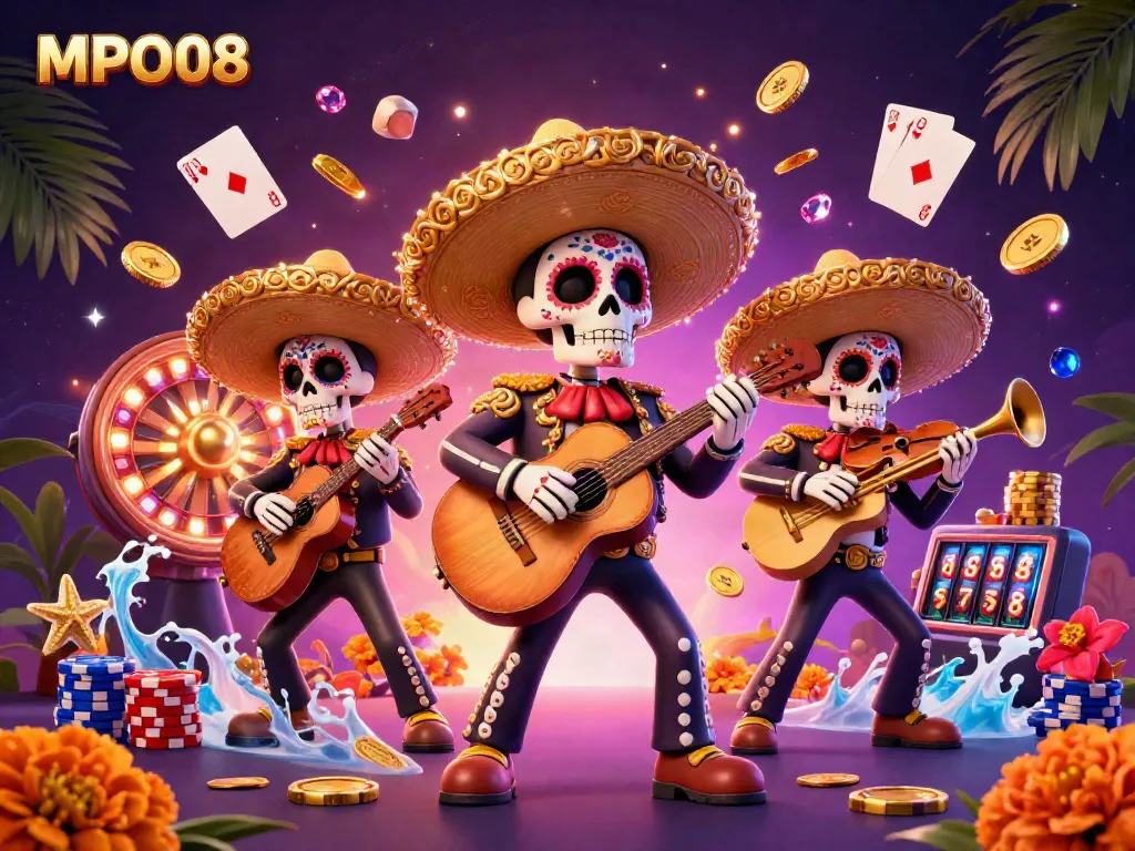Experience winning with MPO08 through a vibrant casino scene featuring a mariachi band and dynamic gaming elements.