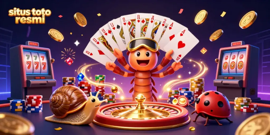 Engaging 3D scene showcasing situs toto resmi with a cartoon millipede dealer managing cards and a high-roller snail.