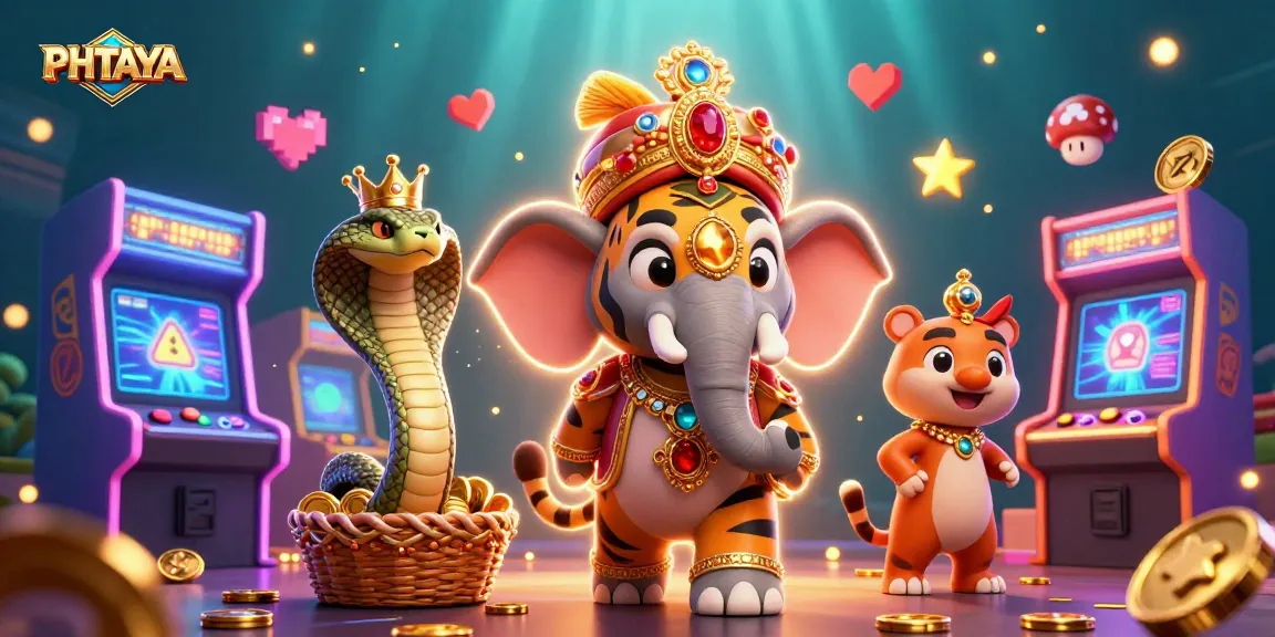 PHTAYA offers thrilling gaming experiences with its vibrant 3D elephant and tiger characters amidst colorful arcade elements.
