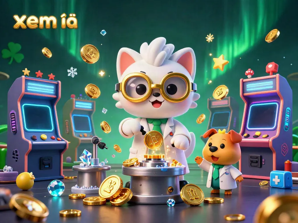 Xem thêm vibrant cartoon scene with a scientist cat and dog creating a gold machine surrounded by casino gaming elements.