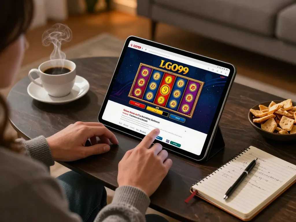 Pemain LGO99 menikmati permainan slot mobile di setting rumah yang nyaman dengan tablet, kopi, dan catatan strategi.